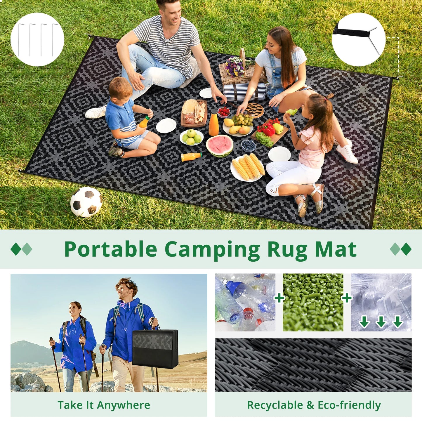 Outdoor Camping Rug Waterproof 6x9 Foot Reversible Stain Resistant UV Resistant Plastic Straw RV Rug With Bag And Stakes