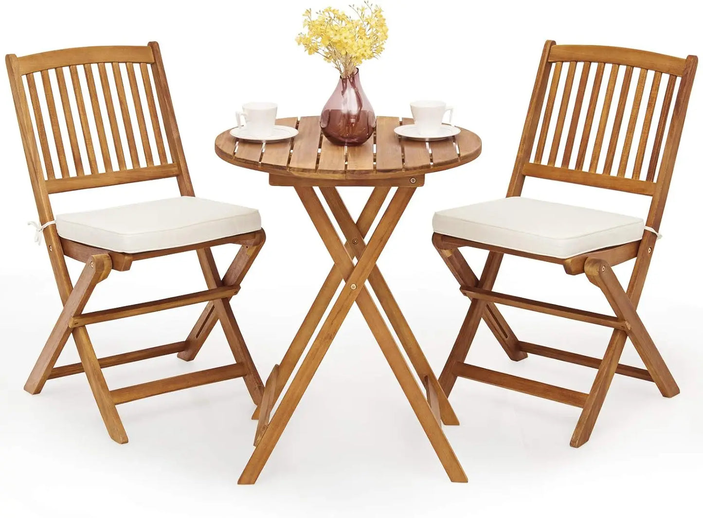 Huanzhuang 3Pcs Patio Bistro Set With Wood Folding Table And Cushioned Chairs For Garden Outdoor