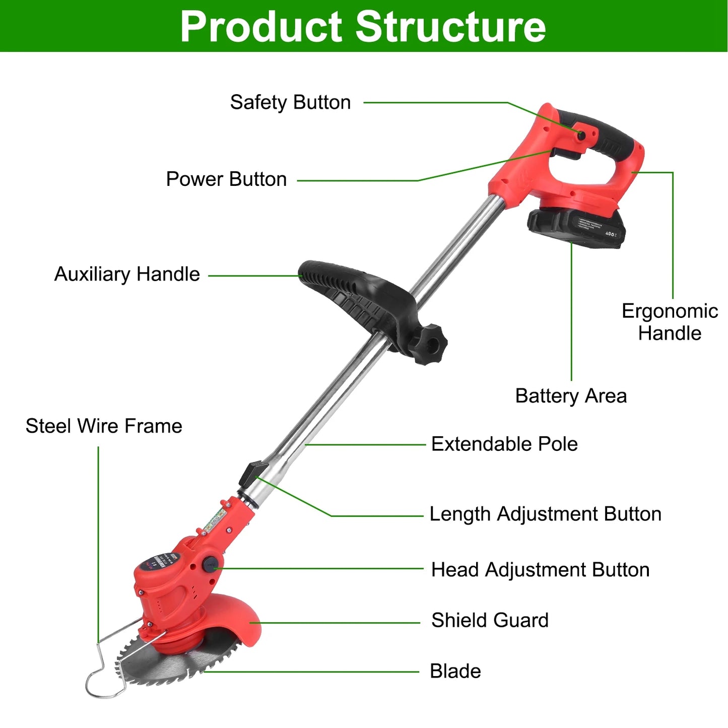 Hign-concerned Cordless Telescopic Lawn Mower 8000 RPM Adjustable