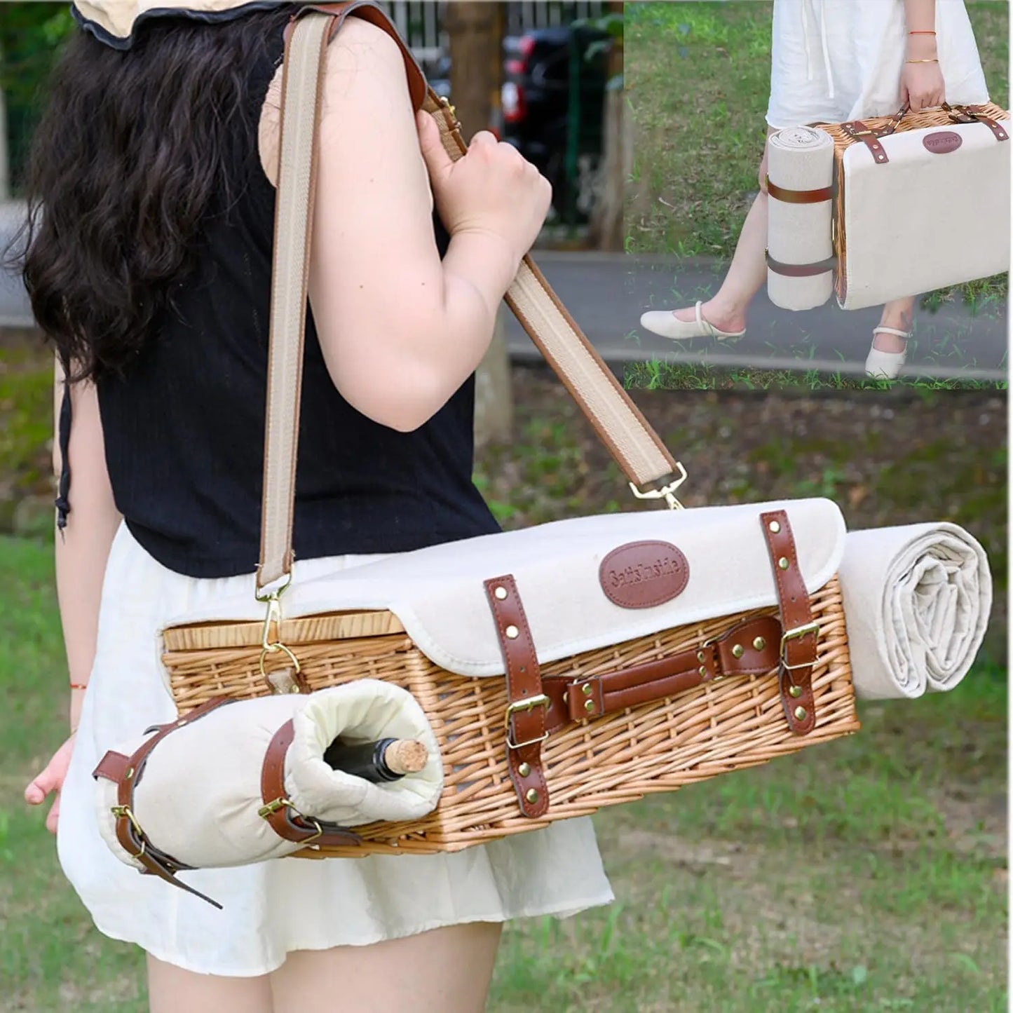 XMSJ Multifunctional Wicker Picnic Basket Set For Two With Blanket