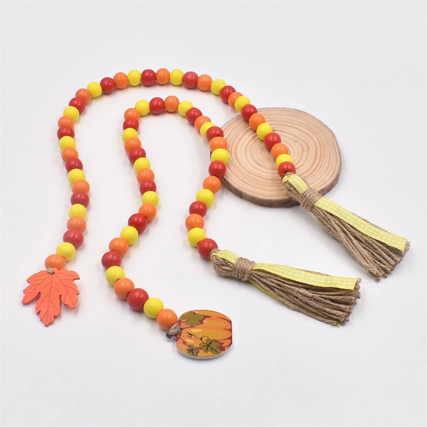 Hign-concerned Rustic Fall Harvest Wooden Bead Garland With Tassel And Acorn Pendant Thanksgiving Decor