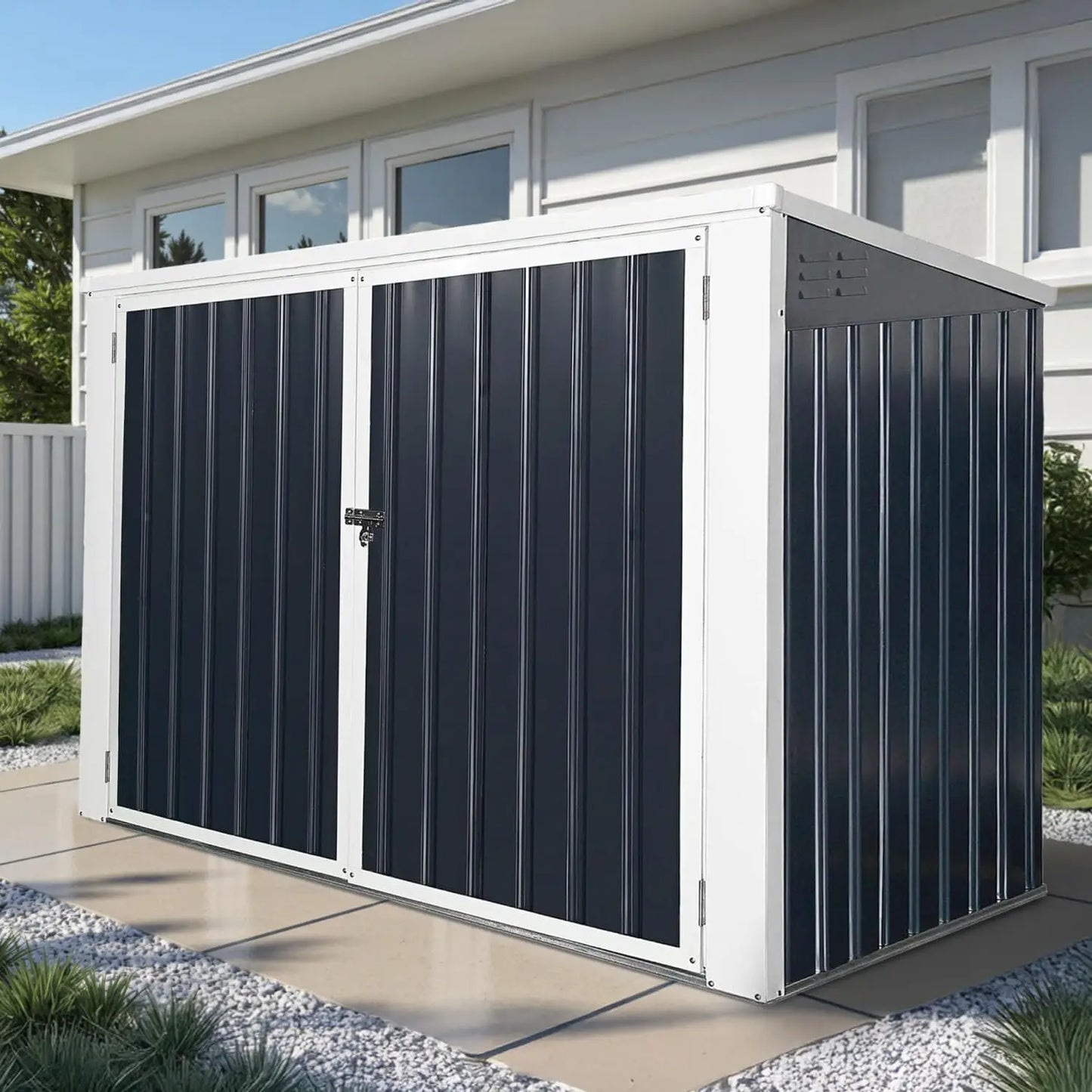 Outdoor Trash Can Storage Shed For Three Galvanized Steel Cans With Lockable Door And Weather Resistant Cover