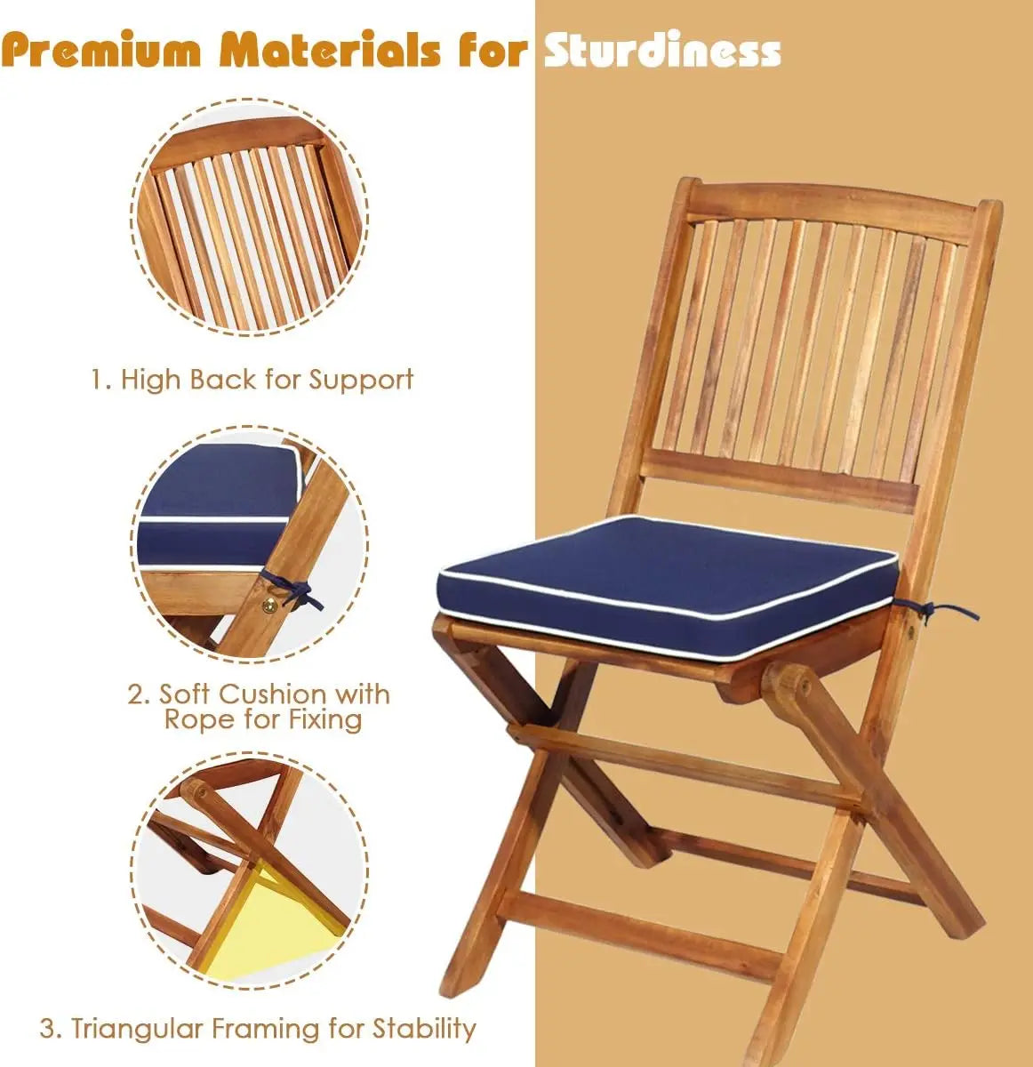 Huanzhuang 3Pcs Patio Bistro Set With Wood Folding Table And Cushioned Chairs For Garden Outdoor