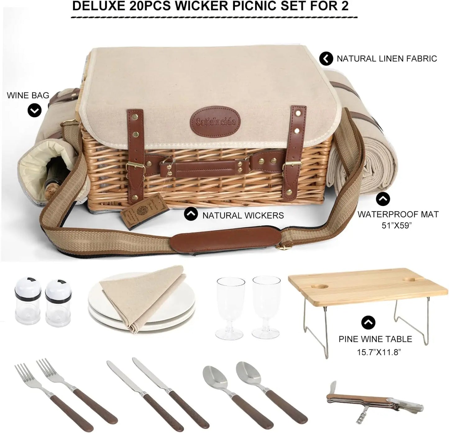 XMSJ Multifunctional Wicker Picnic Basket Set For Two With Blanket