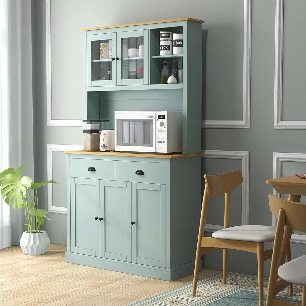 Freestanding Pantry With Hutch Microwave Cabinet And Glass Doors
