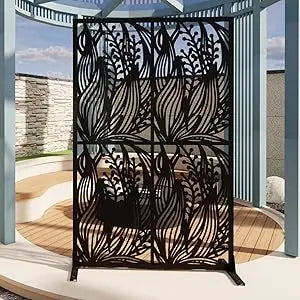 Metal Privacy Screen 76 Inch High 48 Inch Wide Decorative Freestanding Outdoor Divider With Stand Panels