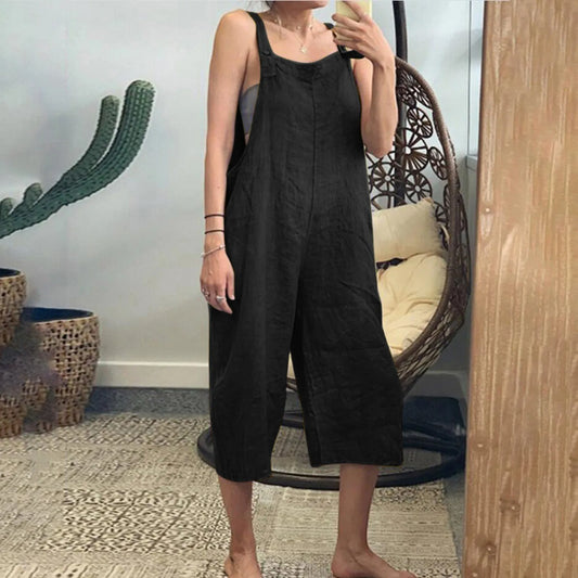 Women Cotton Linen Jumpsuit Loose Sleeveless Harem Overalls