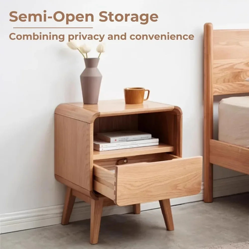 HUANZHUANG Solid Oak Wood Nightstand With Drawer And Storage Shelf Mid Century Modern Bedroom Dormitory
