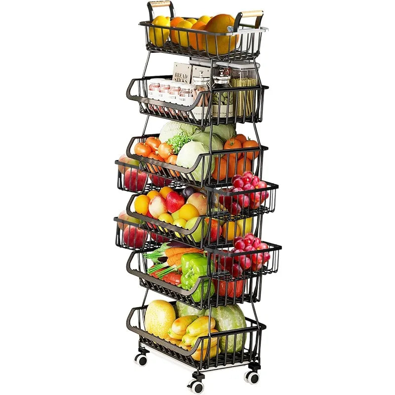 High-concerned Wire Storage Baskets With Wheels Six Tier Cart For Kitchen Fruit And Vegetables