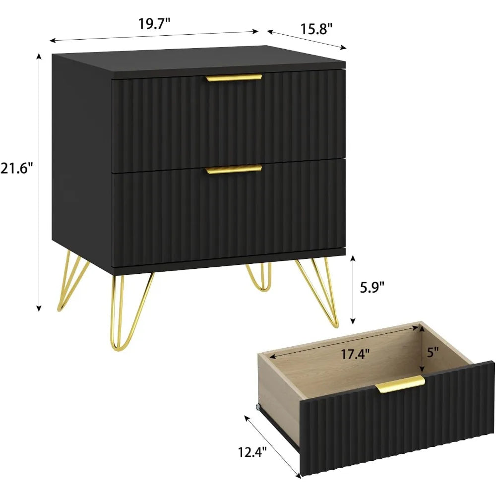 MKDK Fluted Nightstand Set Of 2 With Two Drawers Modern Bedside Table Wood Storage