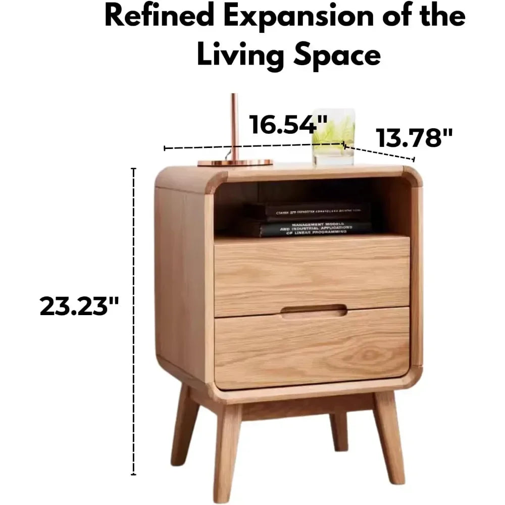 HUANZHUANG Solid Oak Wood Nightstand With Drawer And Storage Shelf Mid Century Modern Bedroom Dormitory