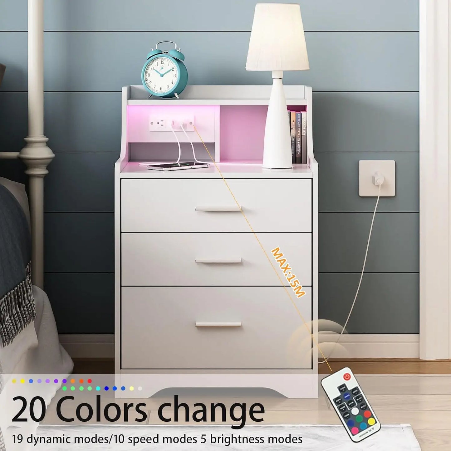 Vabches Nightstand with Charging Station and LED Lights