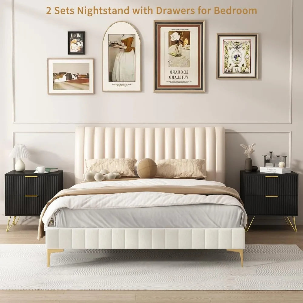 MKDK Fluted Nightstand Set Of 2 With Two Drawers Modern Bedside Table Wood Storage