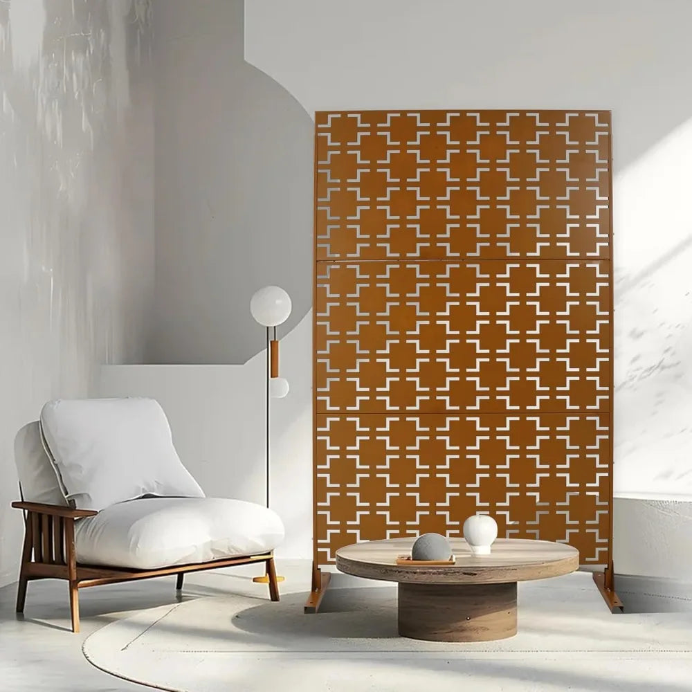Metal Privacy Screen 76 Inch High 48 Inch Wide Decorative Freestanding Outdoor Divider With Stand Panels