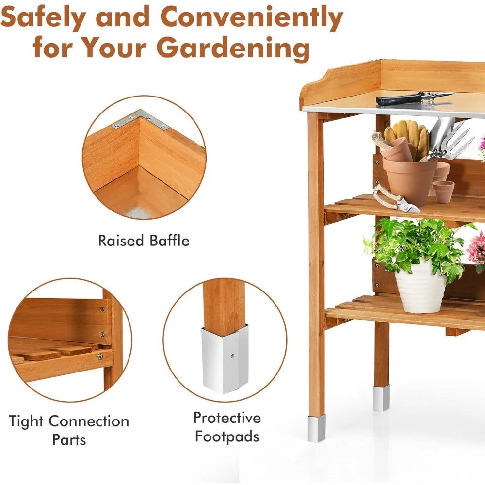 Potting Bench With Fir Wood Construction And Metal Tabletop