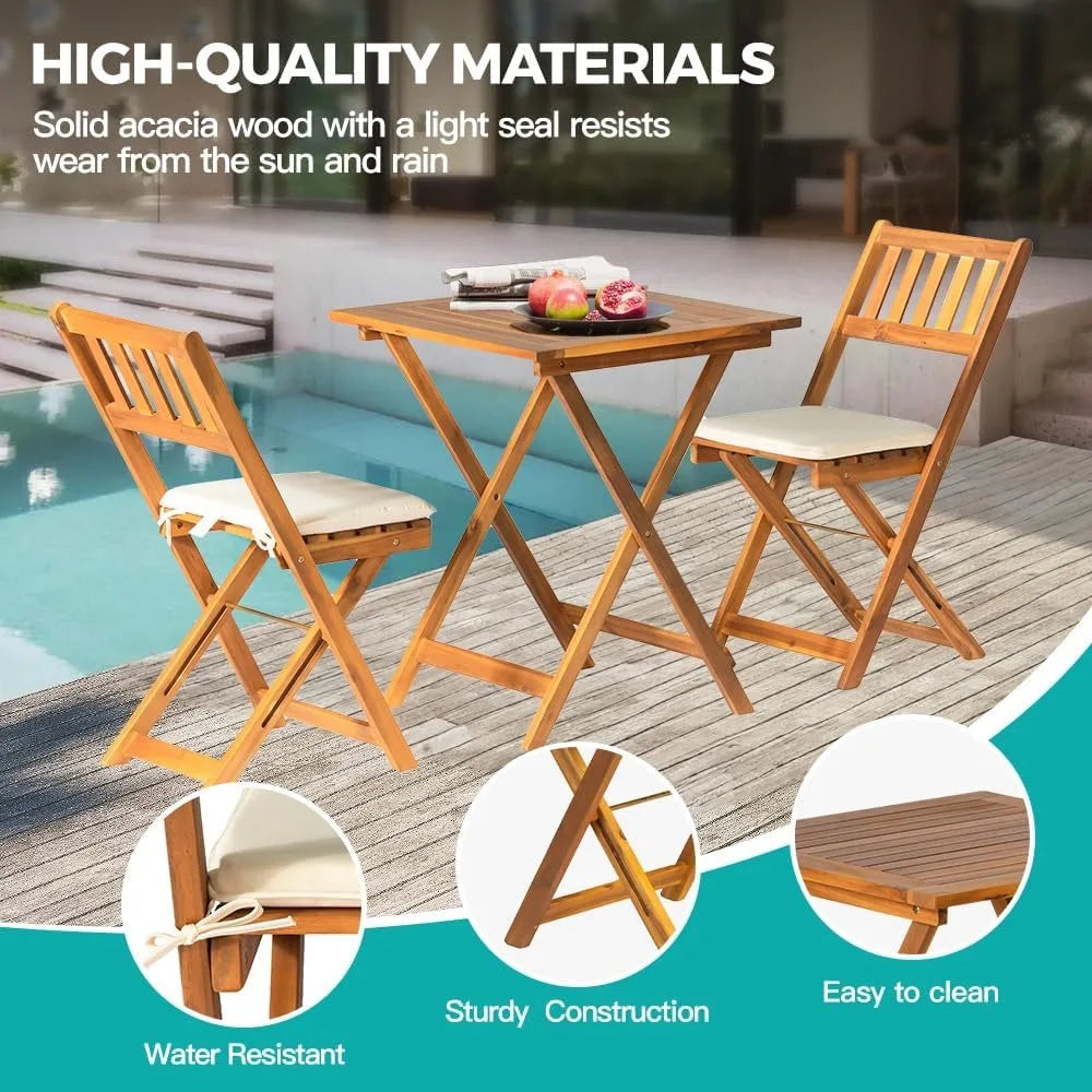 Acacia Wood Folding Patio Bistro Set With Cushions