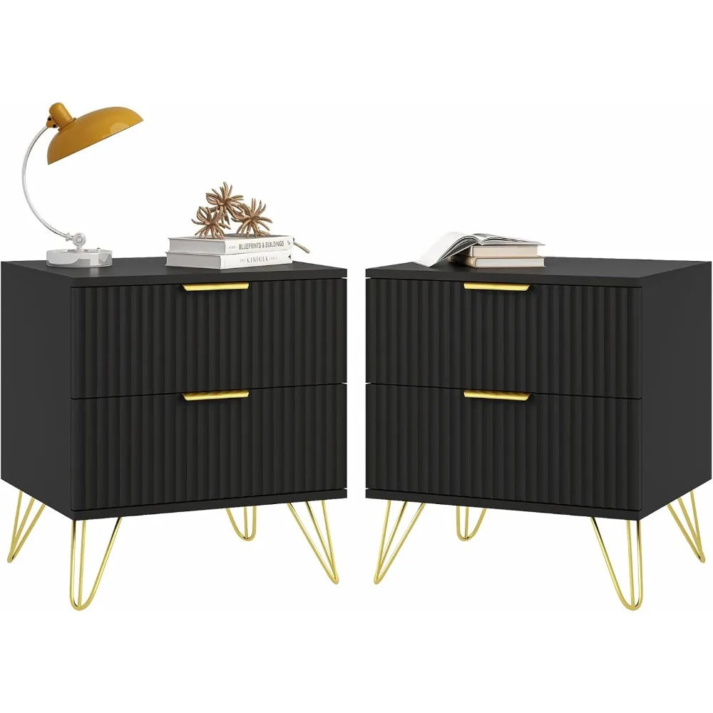 MKDK Fluted Nightstand Set Of 2 With Two Drawers Modern Bedside Table Wood Storage