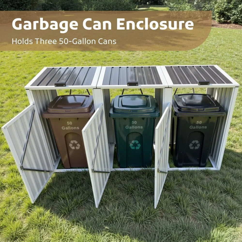 Outdoor Trash Can Storage Shed For Three Galvanized Steel Cans With Lockable Door And Weather Resistant Cover