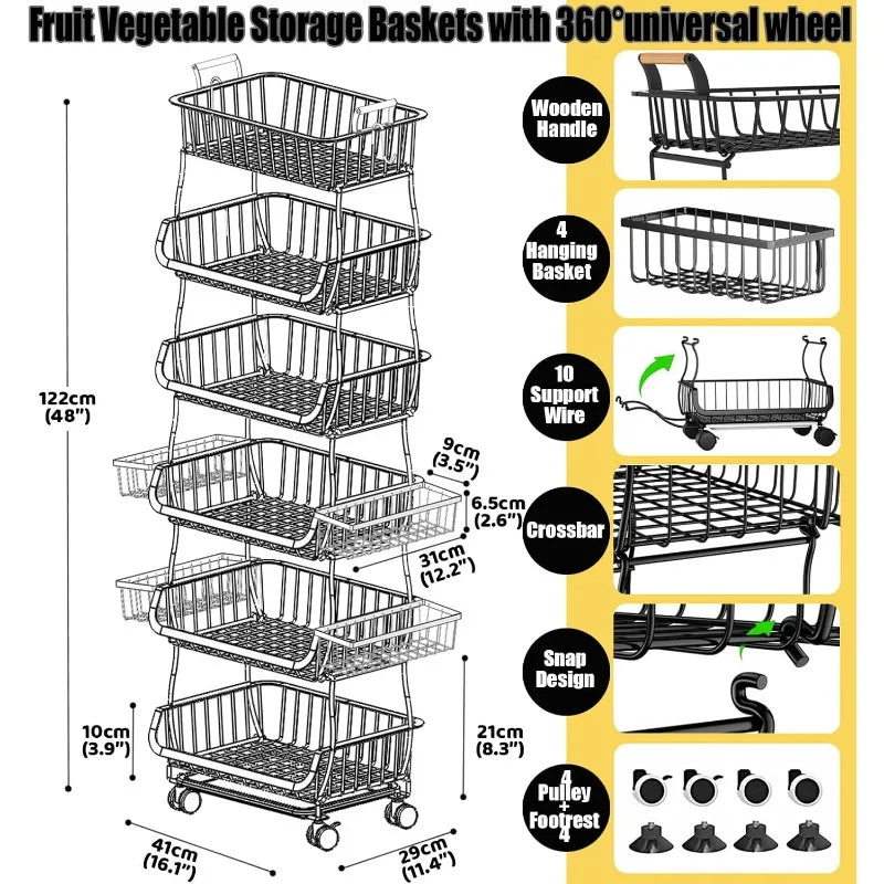 High-concerned Wire Storage Baskets With Wheels Six Tier Cart For Kitchen Fruit And Vegetables