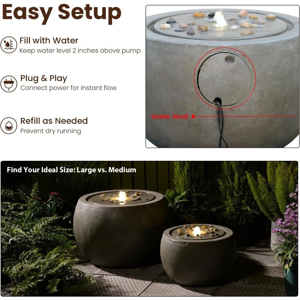 Tankana Garden Water Fountain Outdoor Round Bubbler Water Feature With Lights And Pump