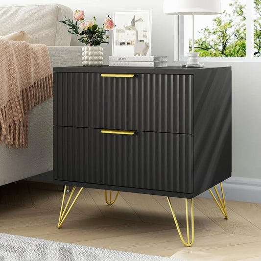 MKDK Fluted Nightstand Set Of 2 With Two Drawers Modern Bedside Table Wood Storage