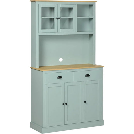 Freestanding Pantry With Hutch Microwave Cabinet And Glass Doors