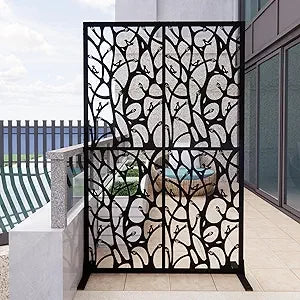 Metal Privacy Screen 76 Inch High 48 Inch Wide Decorative Freestanding Outdoor Divider With Stand Panels