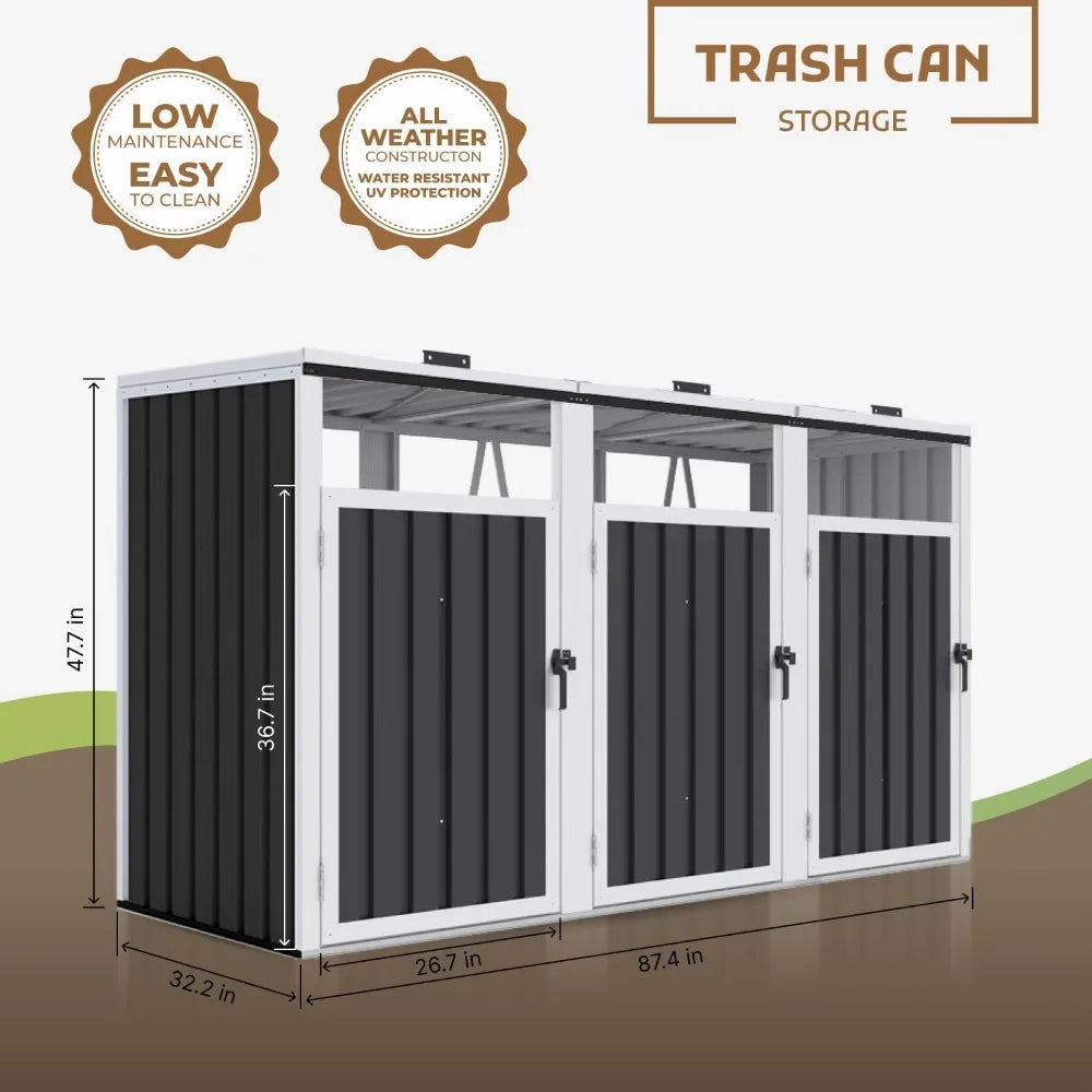 Outdoor Trash Can Storage Shed For Three Galvanized Steel Cans With Lockable Door And Weather Resistant Cover