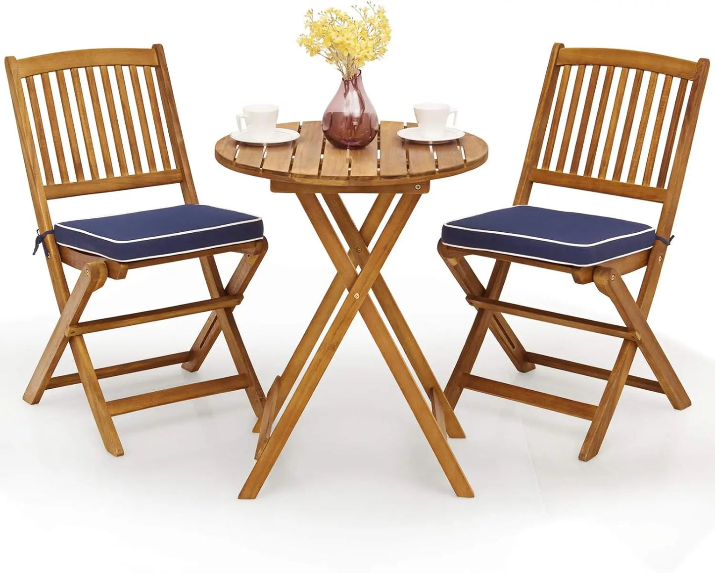 Huanzhuang 3Pcs Patio Bistro Set With Wood Folding Table And Cushioned Chairs For Garden Outdoor