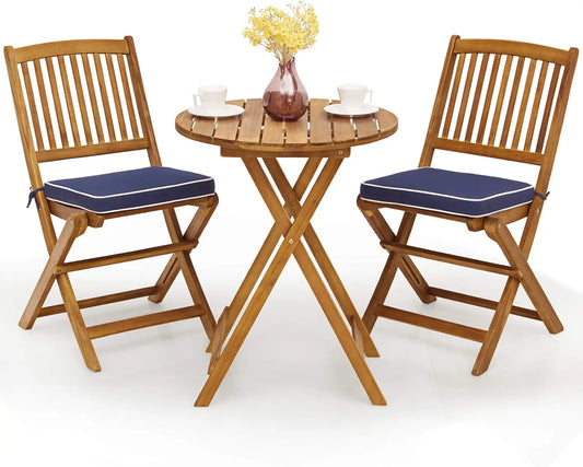 Huanzhuang 3Pcs Patio Bistro Set With Wood Folding Table And Cushioned Chairs For Garden Outdoor