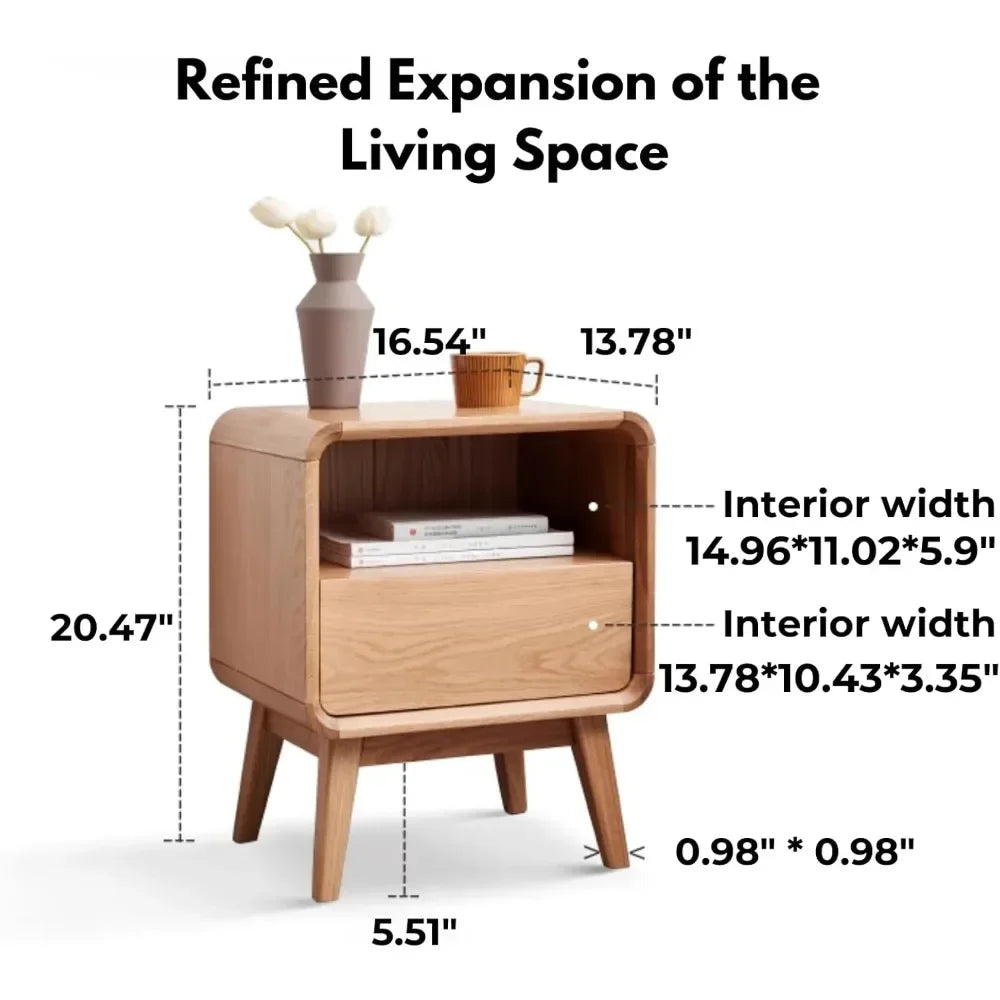 HUANZHUANG Solid Oak Wood Nightstand With Drawer And Storage Shelf Mid Century Modern Bedroom Dormitory