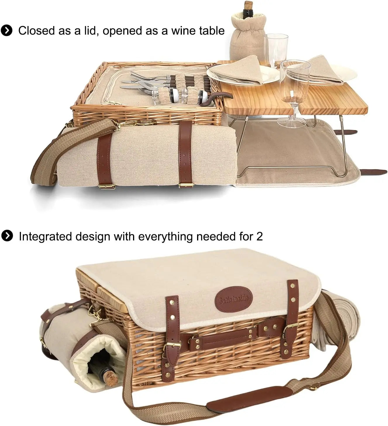 XMSJ Multifunctional Wicker Picnic Basket Set For Two With Blanket