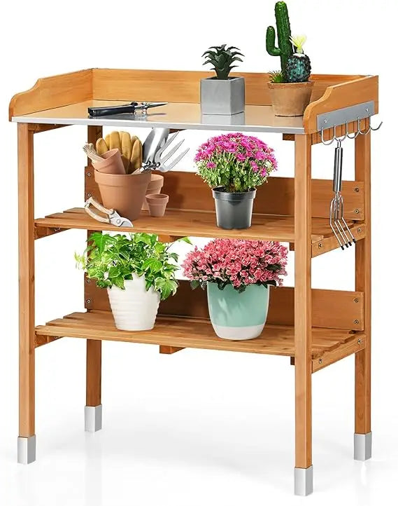 Potting Bench With Fir Wood Construction And Metal Tabletop