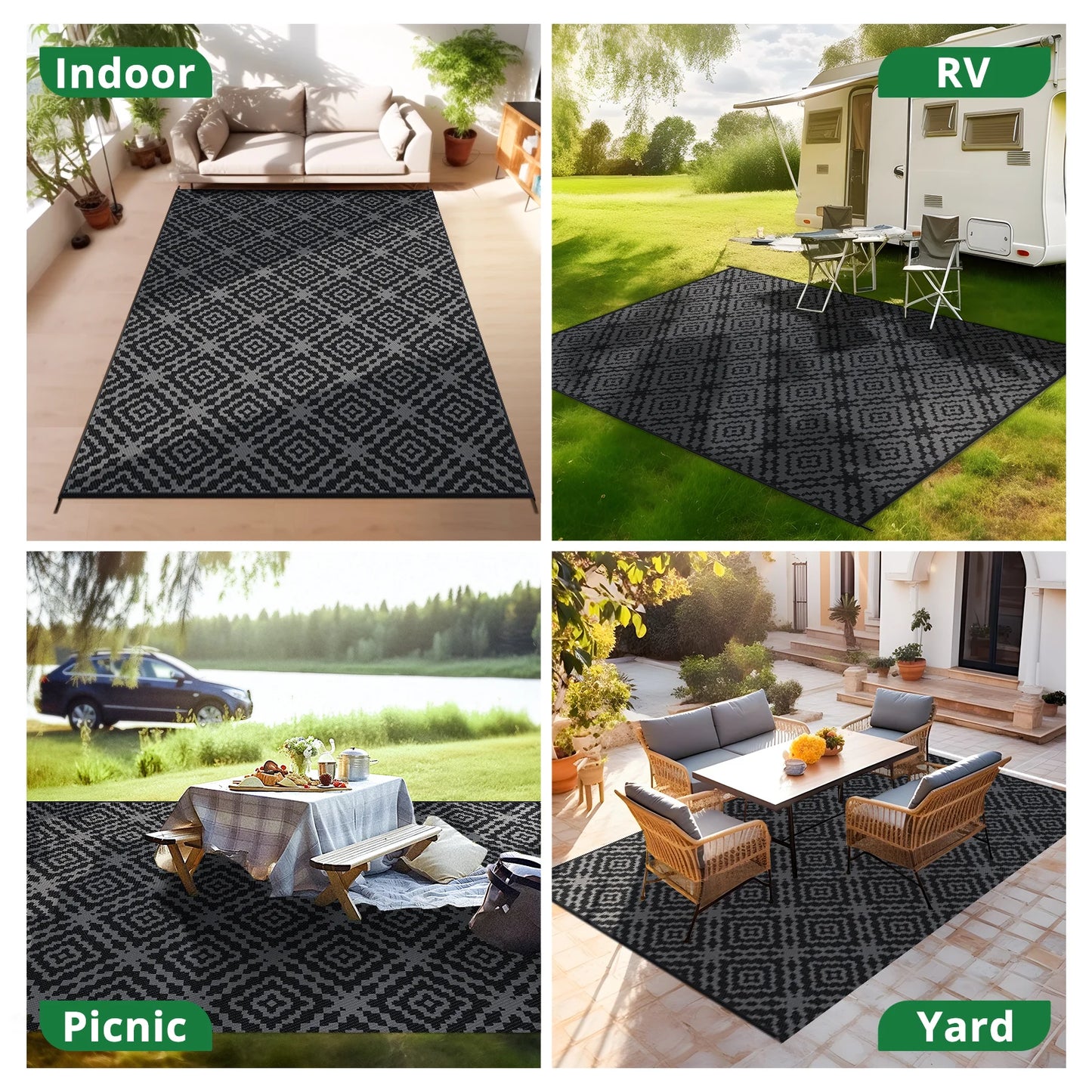 Outdoor Camping Rug Waterproof 6 By 9 Ft Reversible Stain And UV Resistant Rug For RV And Picnics Includes Portable Bag