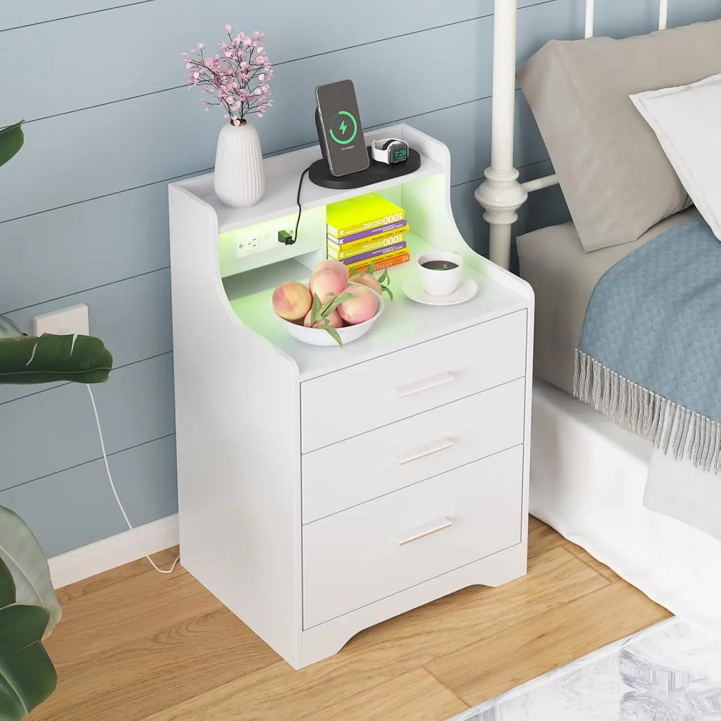 Vabches Nightstand with Charging Station and LED Lights