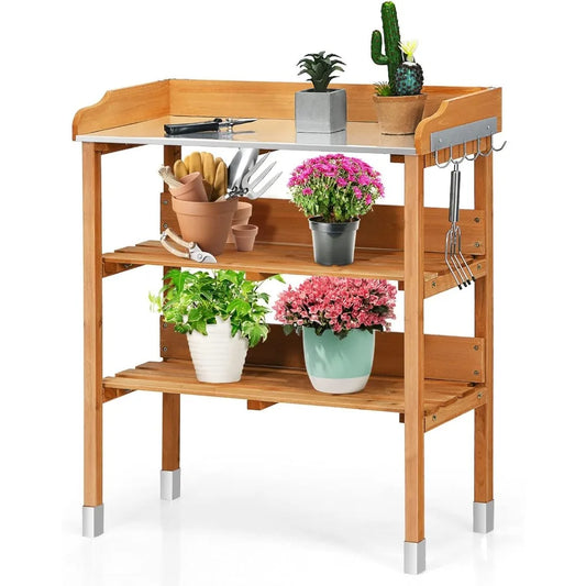 Potting Bench With Fir Wood Construction And Metal Tabletop