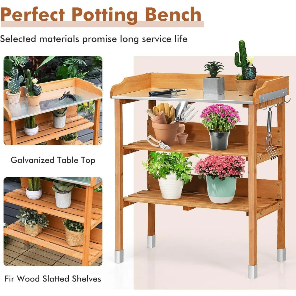 Potting Bench With Fir Wood Construction And Metal Tabletop