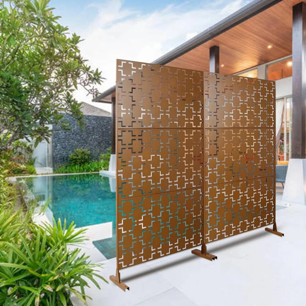 Metal Privacy Screen 76 Inch High 48 Inch Wide Decorative Freestanding Outdoor Divider With Stand Panels