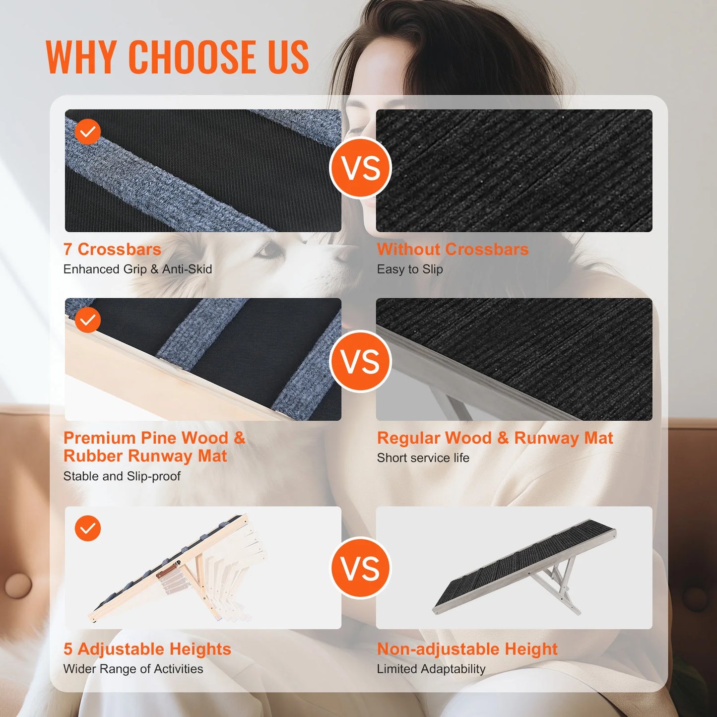 SucceBuy Dog Ramp Folding Ladder Anti Slip Adjustable Wooden Pet Ramp For Sofa Car Bed