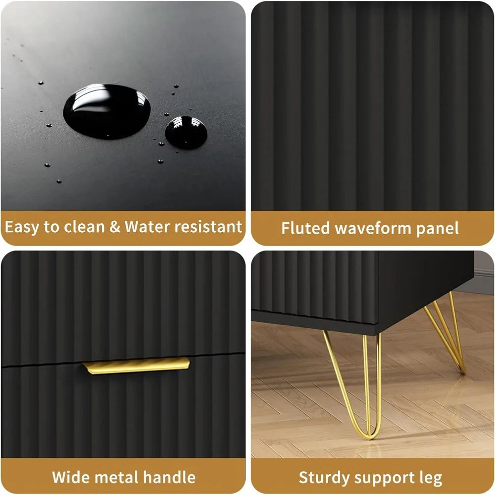 MKDK Fluted Nightstand Set Of 2 With Two Drawers Modern Bedside Table Wood Storage