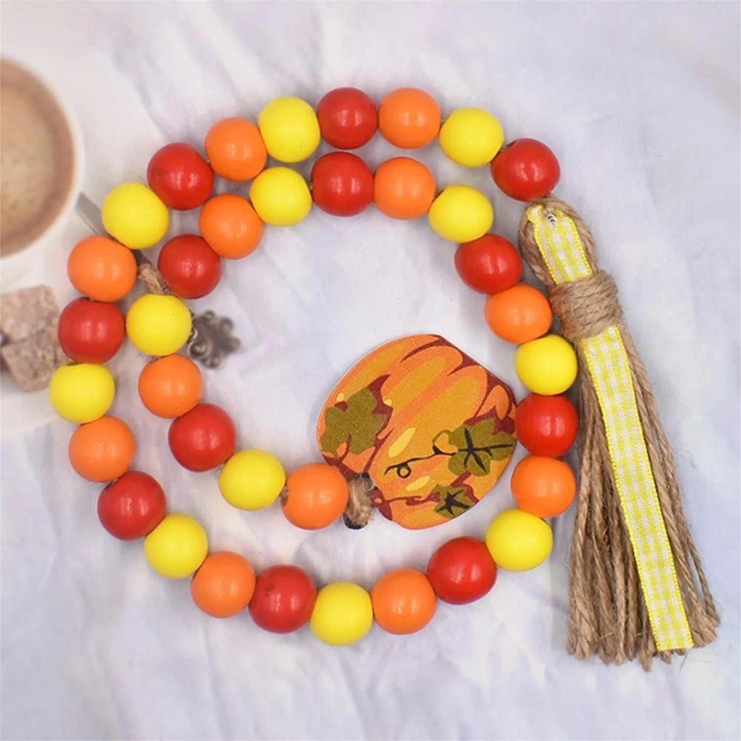 Hign-concerned Rustic Fall Harvest Wooden Bead Garland With Tassel And Acorn Pendant Thanksgiving Decor