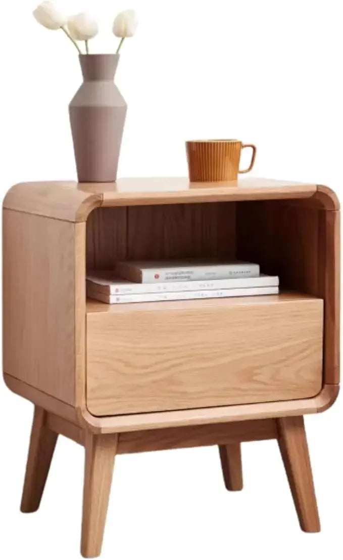 HUANZHUANG Solid Oak Wood Nightstand With Drawer And Storage Shelf Mid Century Modern Bedroom Dormitory