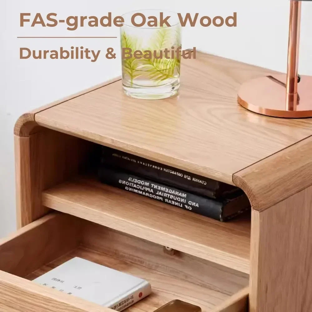 HUANZHUANG Solid Oak Wood Nightstand With Drawer And Storage Shelf Mid Century Modern Bedroom Dormitory