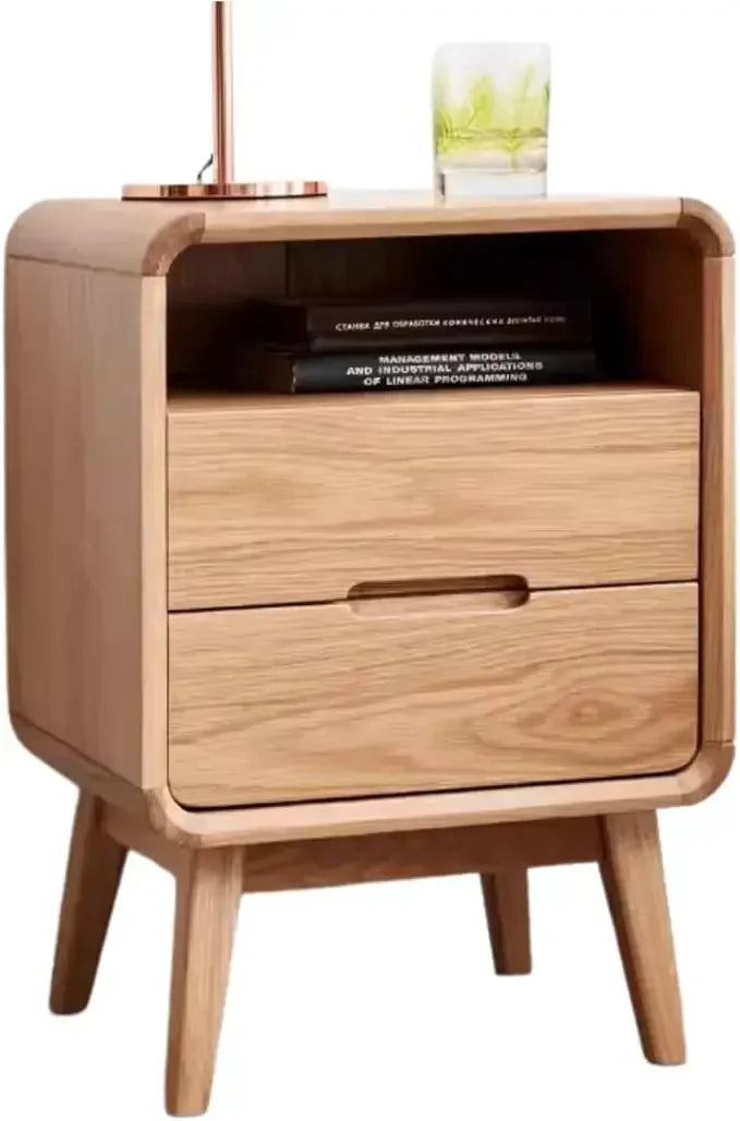 HUANZHUANG Solid Oak Wood Nightstand With Drawer And Storage Shelf Mid Century Modern Bedroom Dormitory