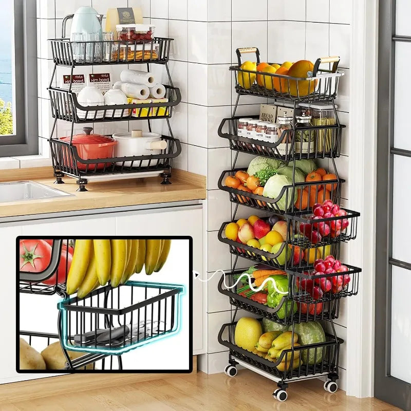 High-concerned Wire Storage Baskets With Wheels Six Tier Cart For Kitchen Fruit And Vegetables