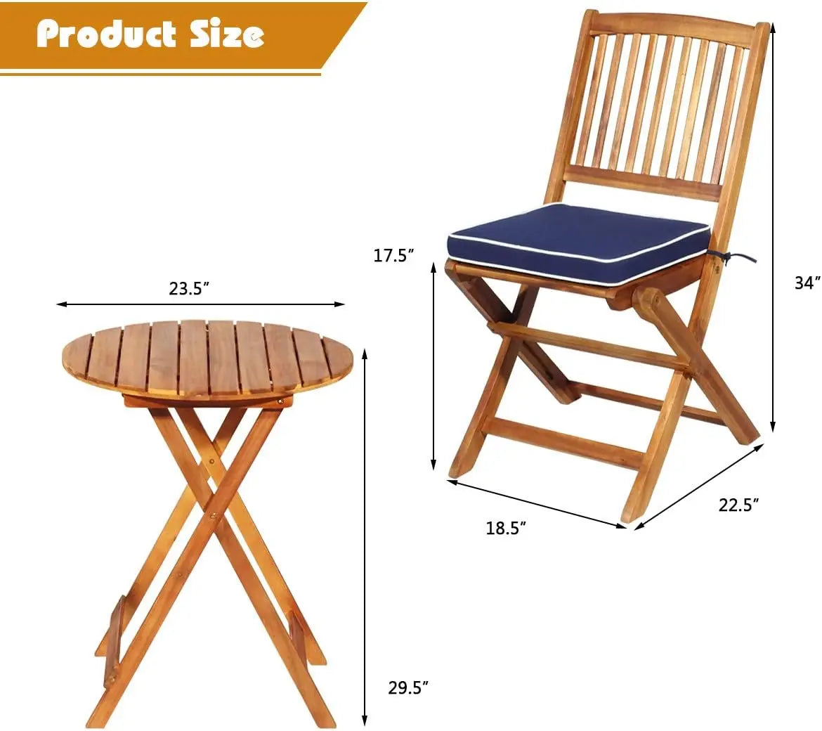 Huanzhuang 3Pcs Patio Bistro Set With Wood Folding Table And Cushioned Chairs For Garden Outdoor