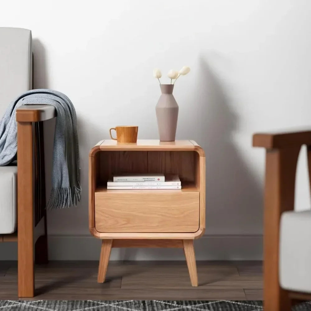 HUANZHUANG Solid Oak Wood Nightstand With Drawer And Storage Shelf Mid Century Modern Bedroom Dormitory