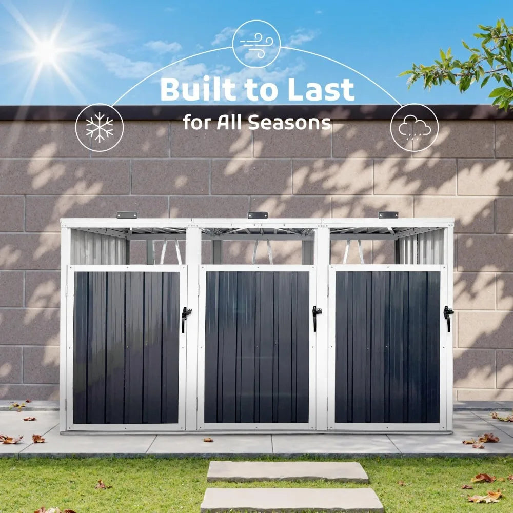 Outdoor Trash Can Storage Shed For Three Galvanized Steel Cans With Lockable Door And Weather Resistant Cover