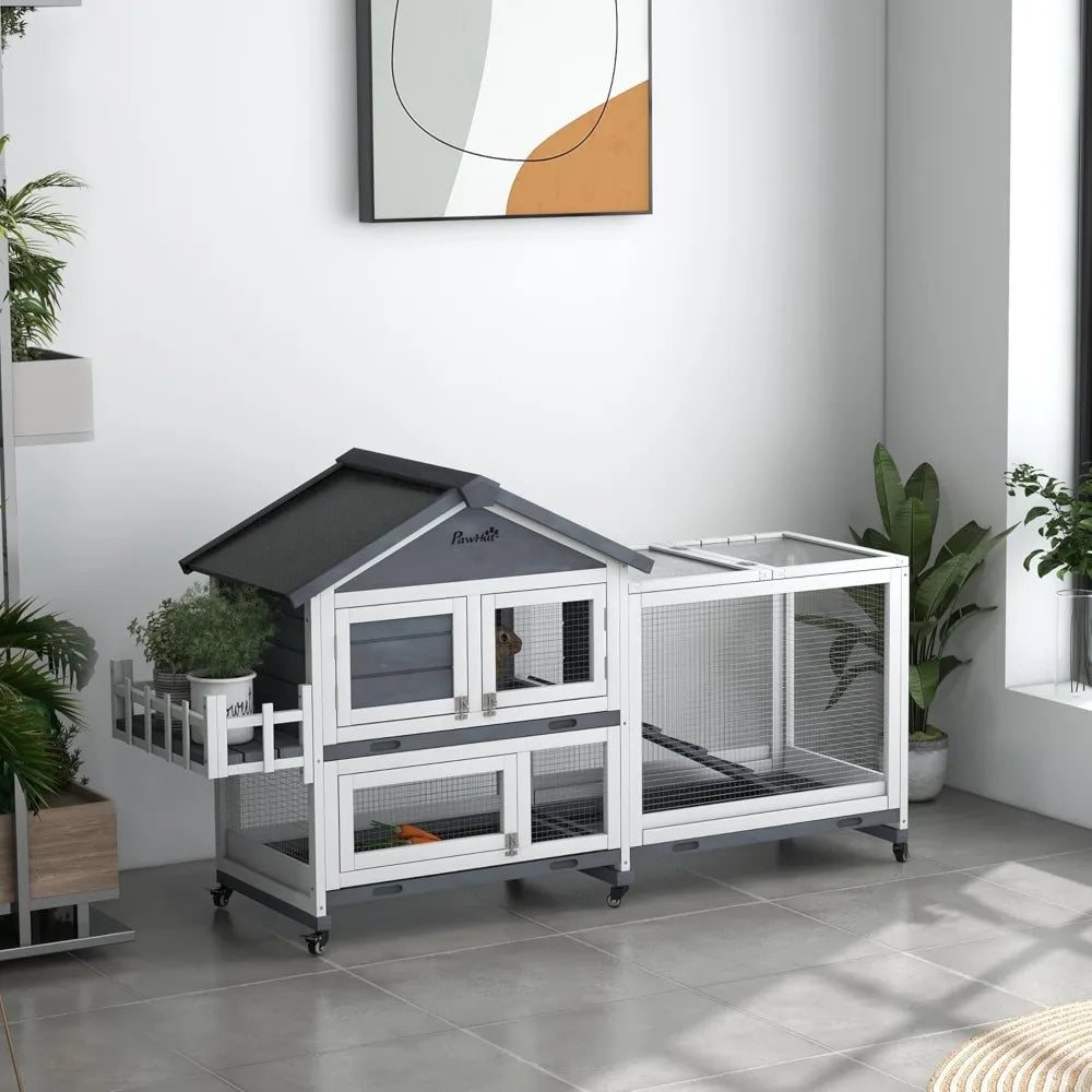 High Concerned Wooden Bunny Hutch With Open Roof And Wheels