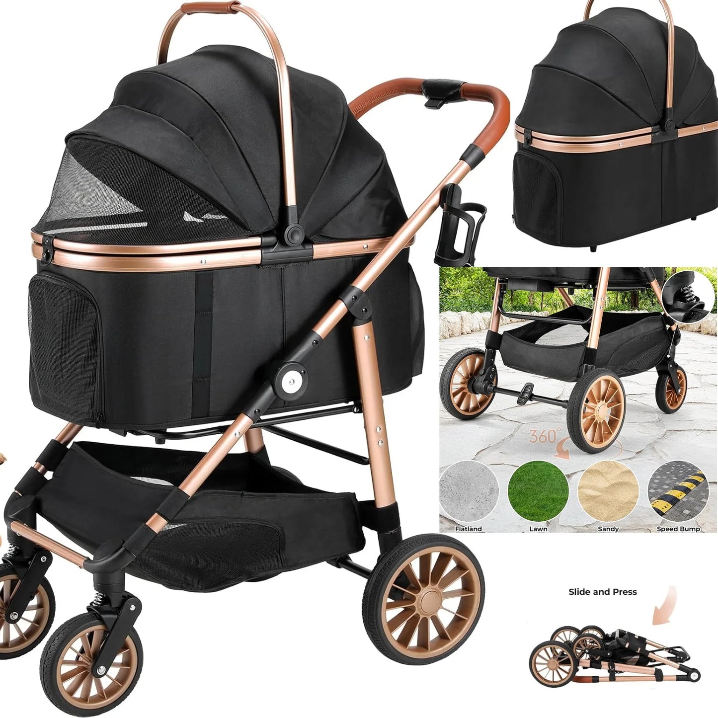 360 Degree High Wheels Foldable Pet Stroller 2in1 Dog Buggy